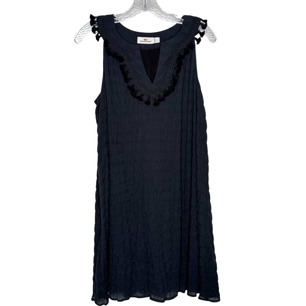 Vineyard Vines Black Sleeveless Pom Pom Trim summer Cotton Dress Small
